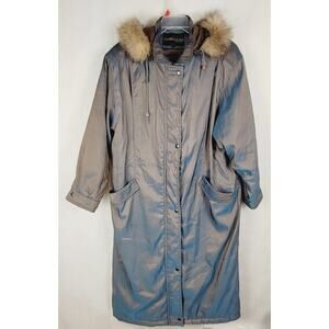 Vintage Forecaster of Boston grey iridescent nylon trench Large fur lined hood